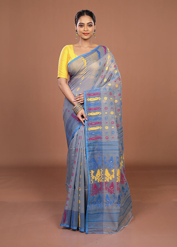 Grey Jamdani Cotton Saree Without Blouse Piece