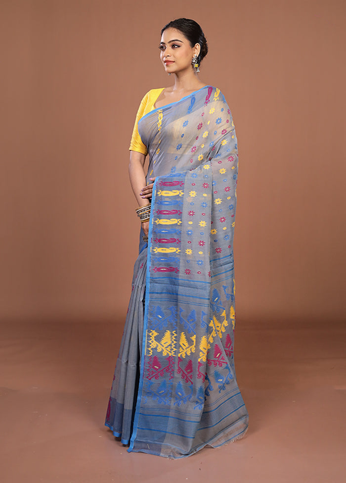 Grey Jamdani Cotton Saree Without Blouse Piece