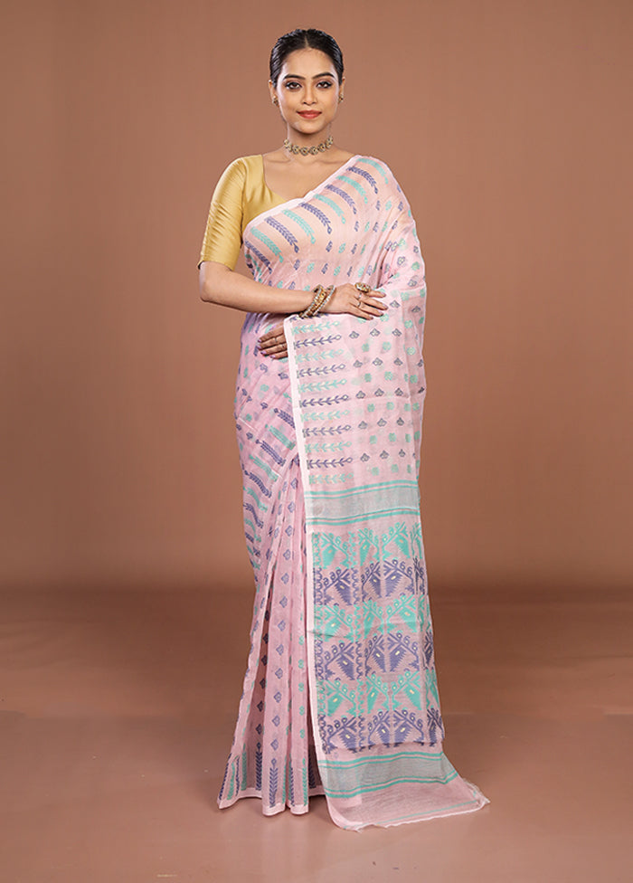 Pink Jamdani Cotton Saree Without Blouse Piece