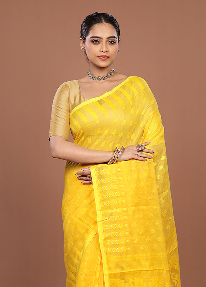 Yellow Jamdani Cotton Saree Without Blouse Piece