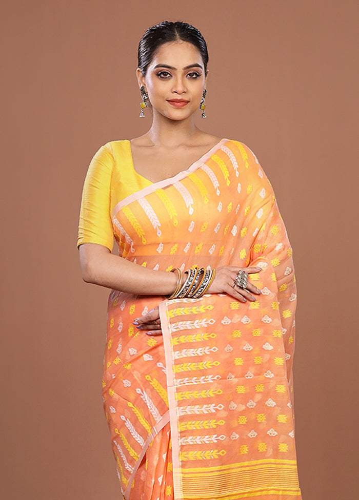 Peach Jamdani Cotton Saree Without Blouse Piece