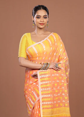 Peach Jamdani Cotton Saree Without Blouse Piece
