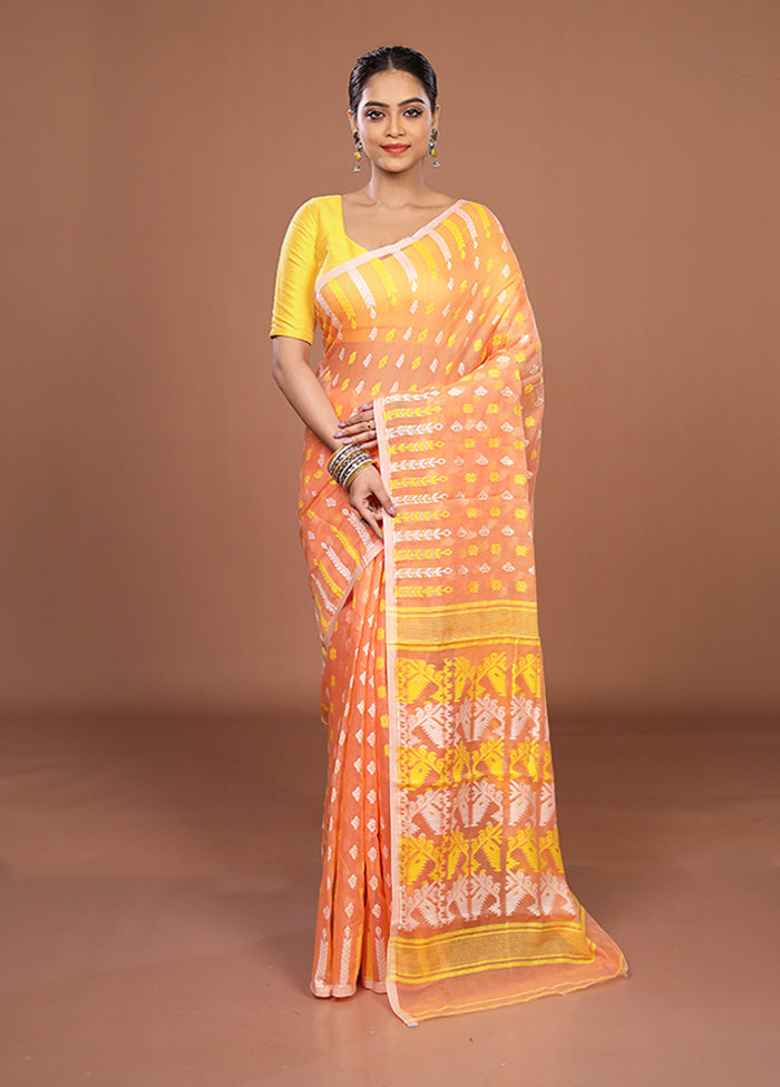 Peach Jamdani Cotton Saree Without Blouse Piece