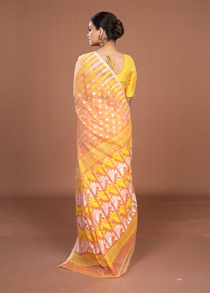 Peach Jamdani Cotton Saree Without Blouse Piece
