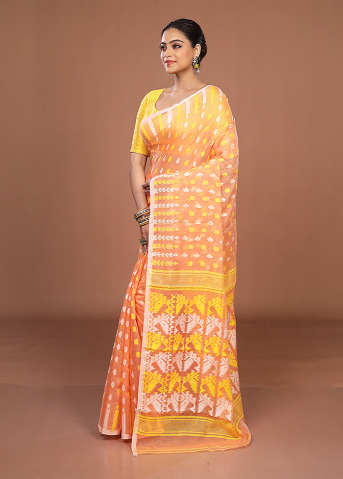 Peach Jamdani Cotton Saree Without Blouse Piece