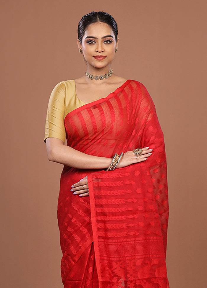Red Jamdani Cotton Saree Without Blouse Piece