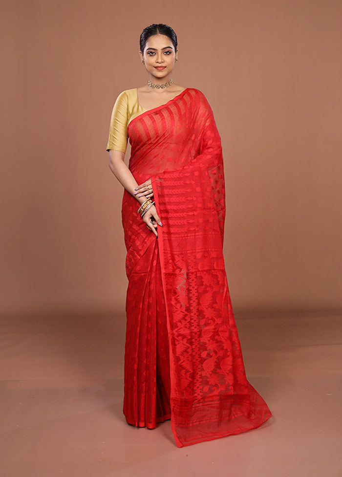 Red Jamdani Cotton Saree Without Blouse Piece