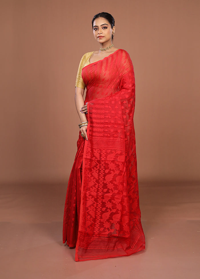Red Jamdani Cotton Saree Without Blouse Piece