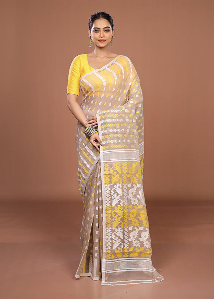 Cream Jamdani Cotton Saree Without Blouse Piece