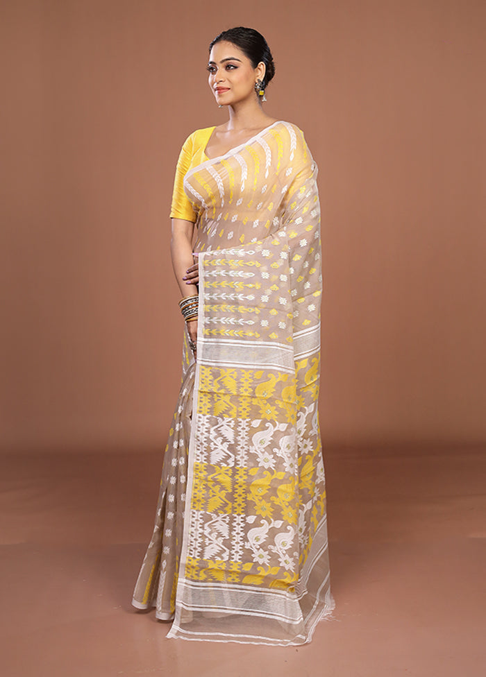 Cream Jamdani Cotton Saree Without Blouse Piece