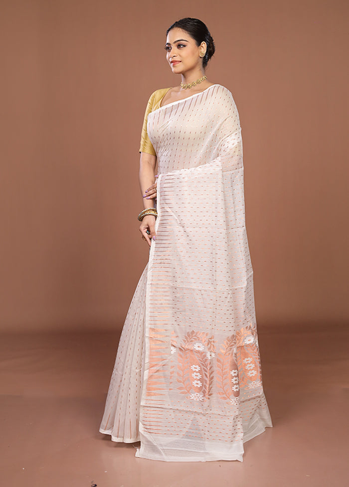 White Jamdani Cotton Saree Without Blouse Piece