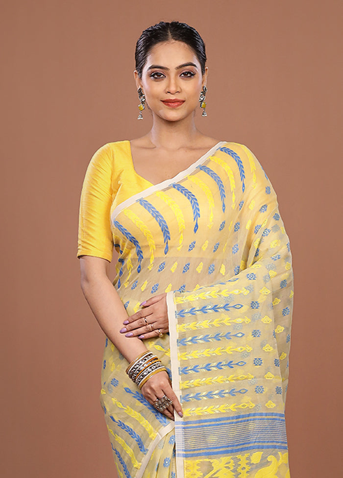 Cream Jamdani Cotton Saree Without Blouse Piece