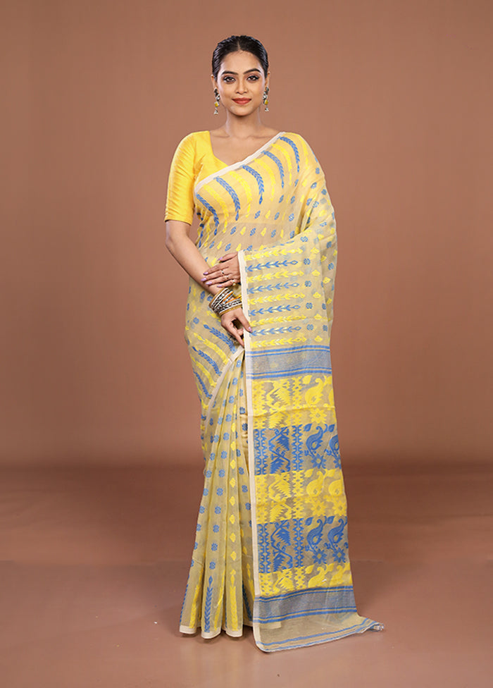 Cream Jamdani Cotton Saree Without Blouse Piece