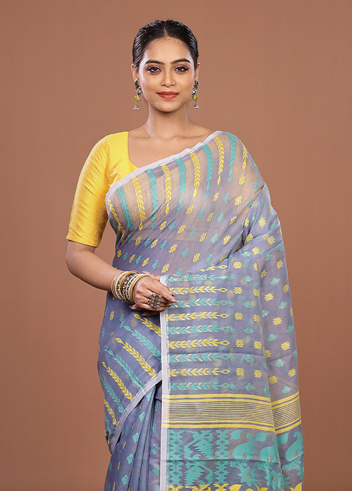 Blue Jamdani Cotton Saree Without Blouse Piece