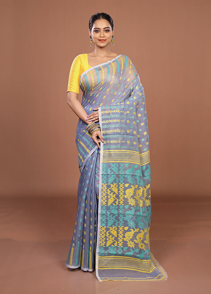 Blue Jamdani Cotton Saree Without Blouse Piece