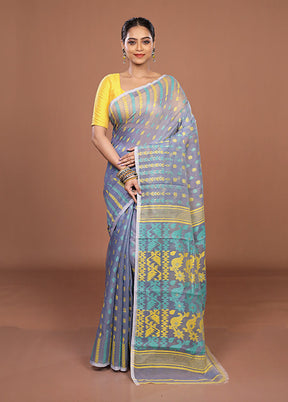 Blue Jamdani Cotton Saree Without Blouse Piece
