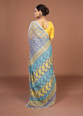Blue Jamdani Cotton Saree Without Blouse Piece