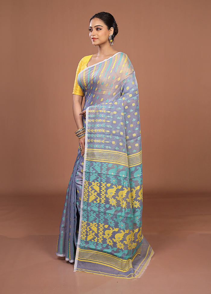 Blue Jamdani Cotton Saree Without Blouse Piece