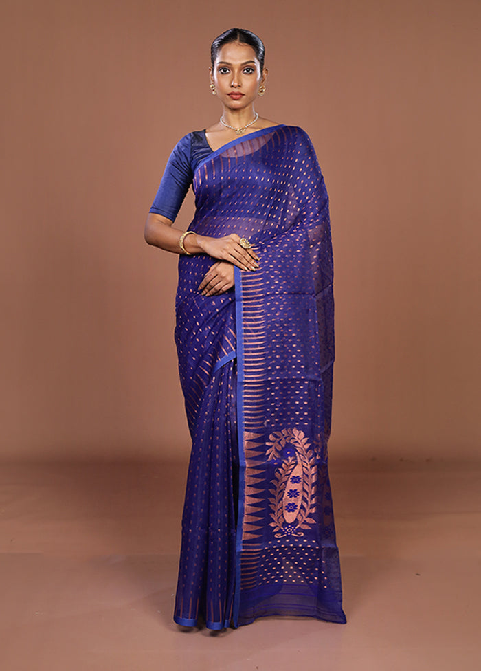 Blue Jamdani Cotton Saree Without Blouse Piece