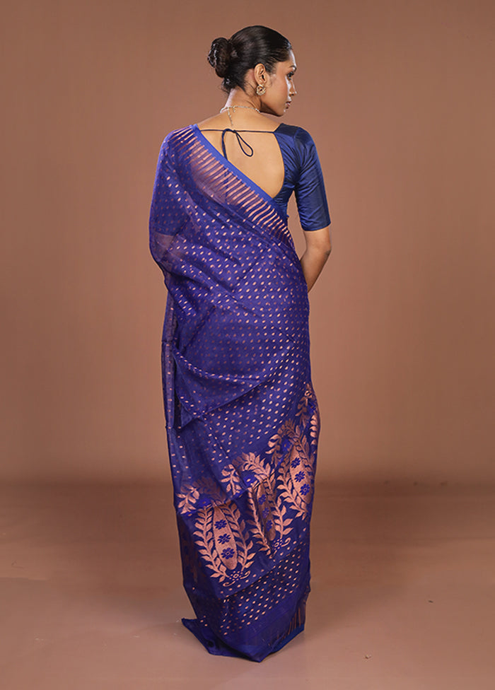 Blue Jamdani Cotton Saree Without Blouse Piece