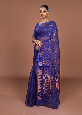 Blue Jamdani Cotton Saree Without Blouse Piece