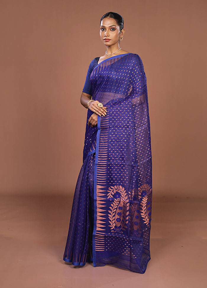 Blue Jamdani Cotton Saree Without Blouse Piece