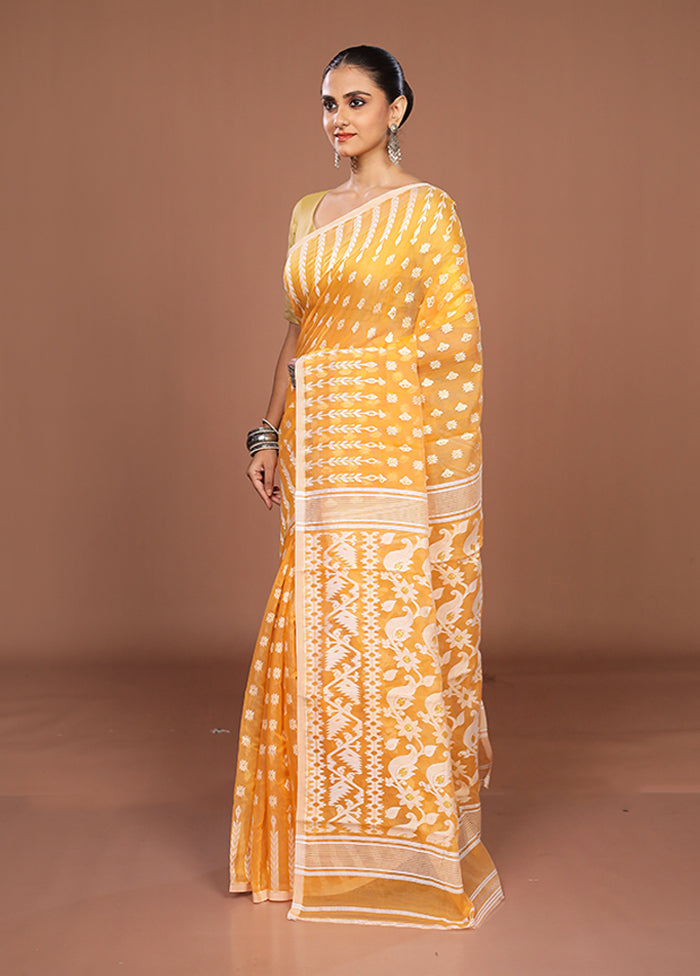 Yellow Jamdani Cotton Saree Without Blouse Piece