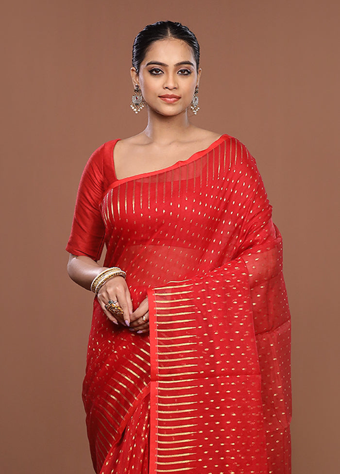 Red Jamdani Cotton Saree Without Blouse Piece
