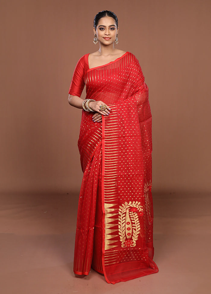 Red Jamdani Cotton Saree Without Blouse Piece