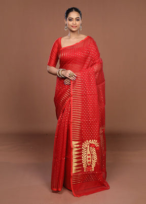 Red Jamdani Cotton Saree Without Blouse Piece