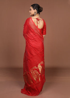Red Jamdani Cotton Saree Without Blouse Piece
