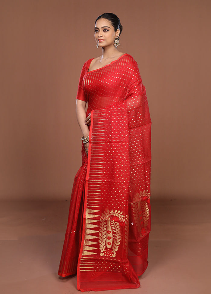 Red Jamdani Cotton Saree Without Blouse Piece