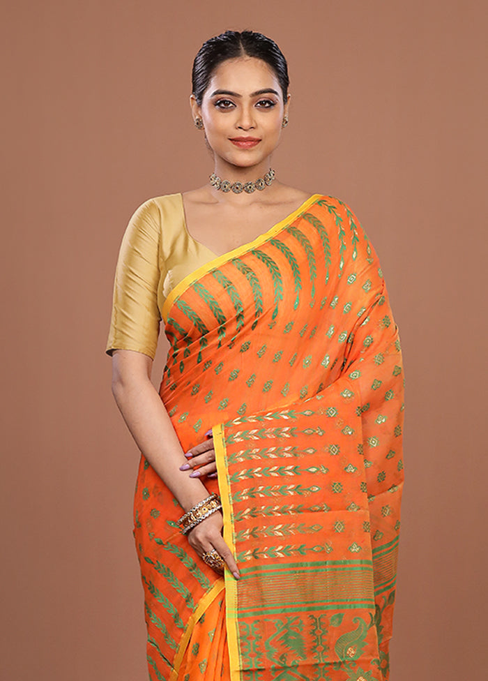 Orange Jamdani Cotton Saree Without Blouse Piece
