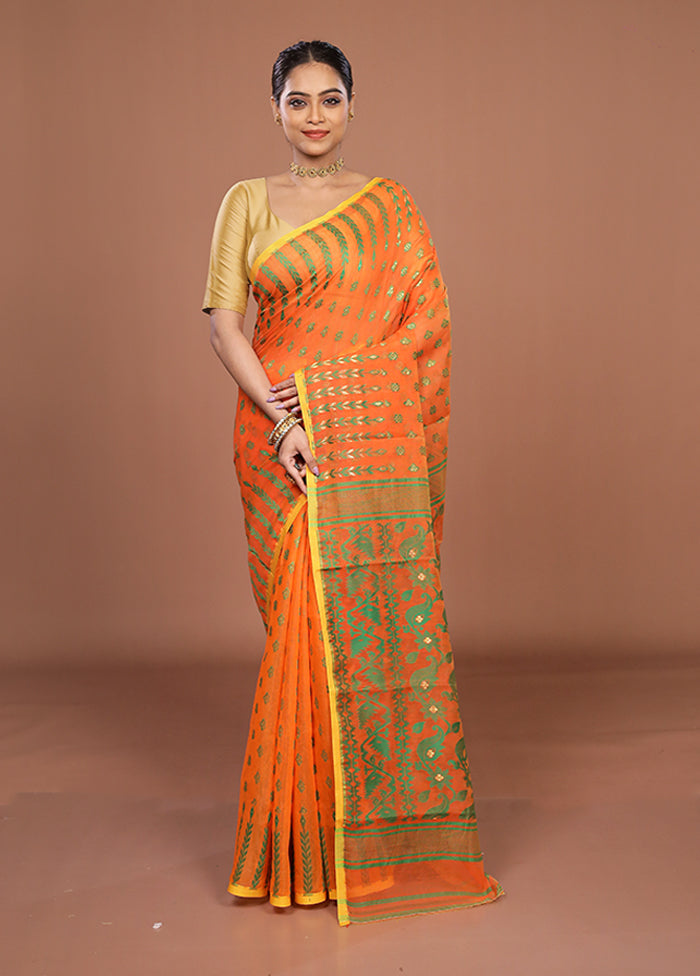 Orange Jamdani Cotton Saree Without Blouse Piece