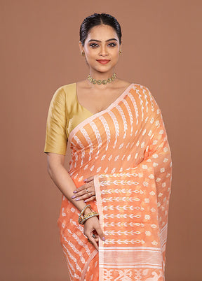 Peach Jamdani Cotton Saree Without Blouse Piece