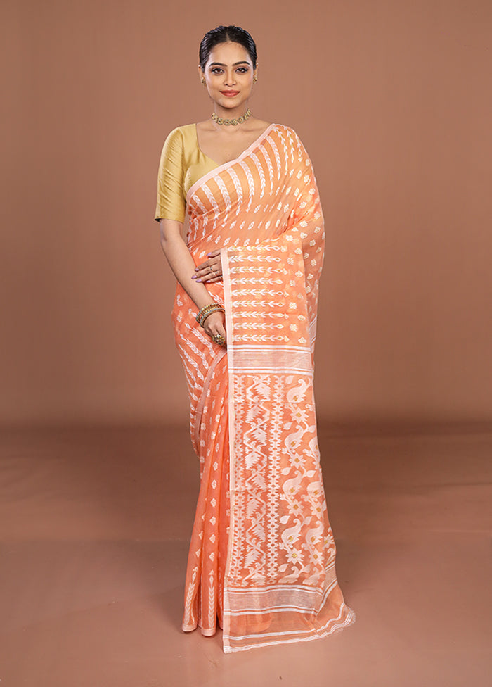 Peach Jamdani Cotton Saree Without Blouse Piece