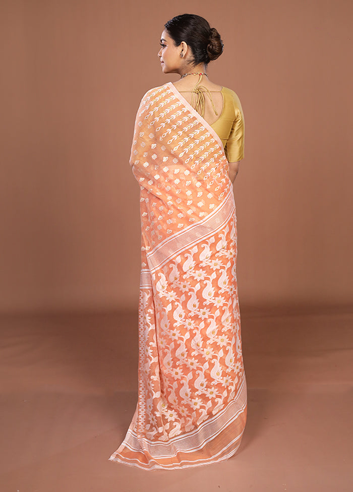 Peach Jamdani Cotton Saree Without Blouse Piece