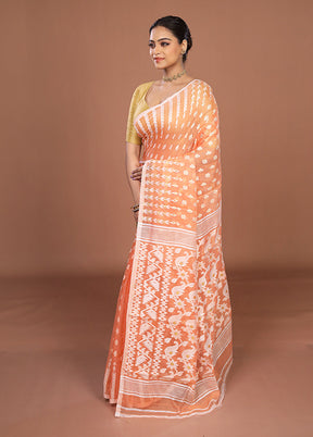 Peach Jamdani Cotton Saree Without Blouse Piece