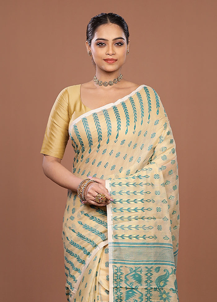 Cream Jamdani Cotton Saree Without Blouse Piece