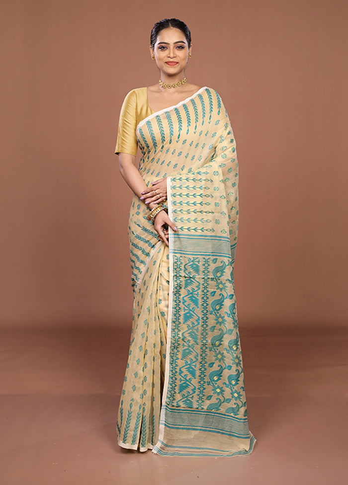 Cream Jamdani Cotton Saree Without Blouse Piece
