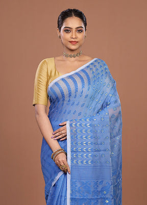 Blue Jamdani Cotton Saree Without Blouse Piece