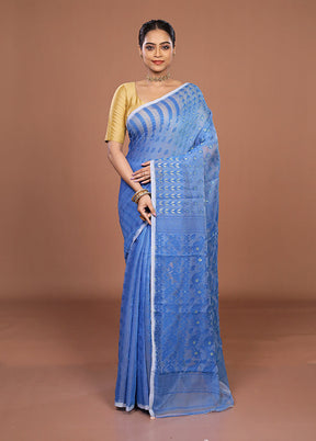 Blue Jamdani Cotton Saree Without Blouse Piece