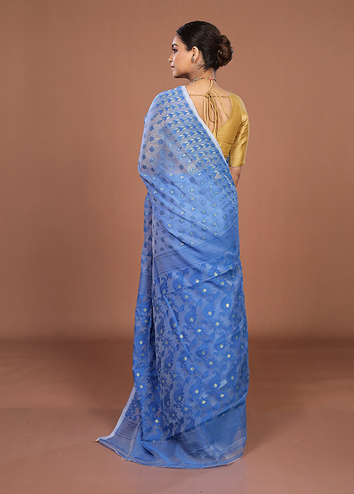 Blue Jamdani Cotton Saree Without Blouse Piece