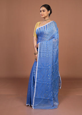 Blue Jamdani Cotton Saree Without Blouse Piece