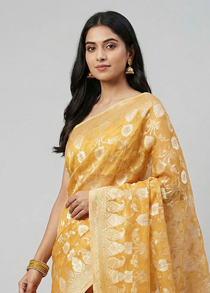 Yellow Kora Silk Saree With Blouse Piece