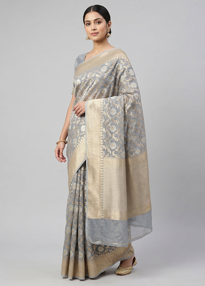 Grey Kora Silk Saree With Blouse Piece