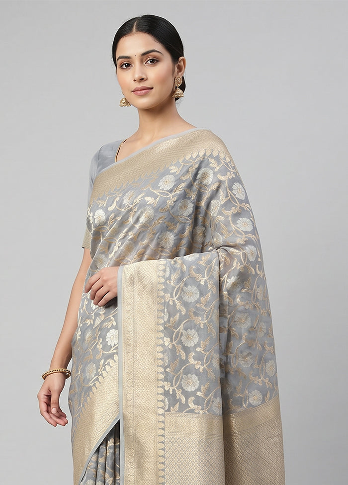 Grey Kora Silk Saree With Blouse Piece