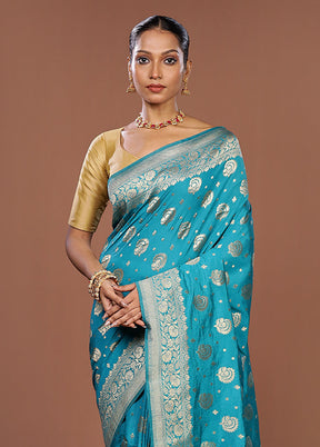 Blue Dupion Silk Saree With Blouse Piece