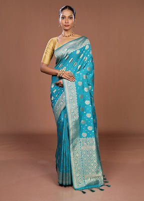 Blue Dupion Silk Saree With Blouse Piece