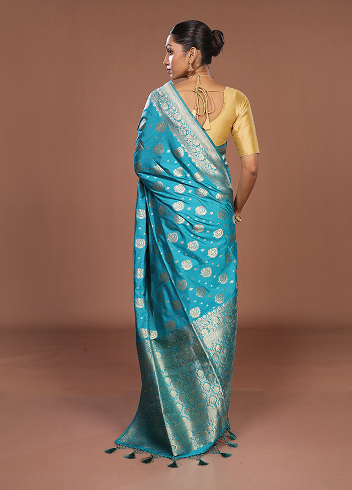 Blue Dupion Silk Saree With Blouse Piece